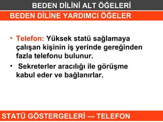BEDEN DİLİNİ ALT ÖĞELERİ
 BEDEN DİLİNE YARDIMCI ÖĞELER


 • Telefon: Yüksek statü sağlamaya
   çalışan kişinin iş yerinde gereğinden
   fazla telefonu bulunur.
 • Sekreterler aracılığı ile görüşme
   kabul eder ve bağlanırlar.




STATÜ GÖSTERGELERİ --- TELEFON
 