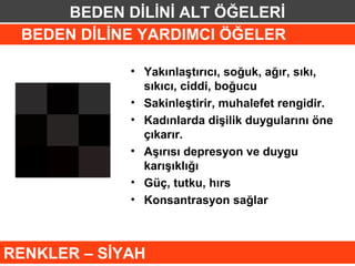 BEDEN DİLİNİ ALT ÖĞELERİ
 BEDEN DİLİNE YARDIMCI ÖĞELER

             • Yakınlaştırıcı, soğuk, ağır, sıkı,
               sıkıcı, ciddi, boğucu
             • Sakinleştirir, muhalefet rengidir.
             • Kadınlarda dişilik duygularını öne
               çıkarır.
             • Aşırısı depresyon ve duygu
               karışıklığı
             • Güç, tutku, hırs
             • Konsantrasyon sağlar



RENKLER – SİYAH
 
