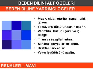 BEDEN DİLİNİ ALT ÖĞELERİ
 BEDEN DİLİNE YARDIMCI ÖĞELER

             • Pratik, ciddi, otorite, inandırıcılık,
               güven
             • Tansiyonu düşürür, sakinleştirir.
             • Verimlilik, huzur, uyum ve iç
               denge
             • İlham ve sezgileri artırır.
             • Sanatsal duyguları geliştirir.
             • Uzaktan fark edilir
             • Yeme içgüdüsünü azaltır.



RENKLER – MAVİ
 