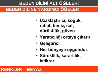 BEDEN DİLİNİ ALT ÖĞELERİ
 BEDEN DİLİNE YARDIMCI ÖĞELER

            • Uzaklaştırıcı, soğuk,
              rahat, temiz, saf,
              dürüstlük, güven
            • Yaratıcılığı ortaya çıkarır.
            • Geliştirici
            • Her bünyeye uygundur.
            • Süreklilik, kararlılık,
              istikrar.

RENKLER – BEYAZ
 