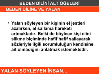 BEDEN DİLİNİ ALT ÖĞELERİ
 BEDEN DİLİNE VE YALAN


  • Yalan söyleyen bir kişinin el jestleri
    azalırken, el sallama hareketi
    artmaktadır. Belki de böylece kişi elini
    silkme biçiminde hafif hafif sallayarak,
    sözleriyle ilgili sorumluluğun kendisine
    ait olmadığını anlatmak istemektedir.



YALAN SÖYLEYEN İNSAN...
 
