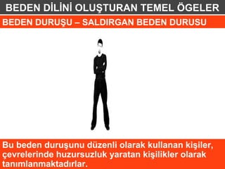 BEDEN DİLİNİ OLUŞTURAN TEMEL ÖGELER
BEDEN DURUŞU – SALDIRGAN BEDEN DURUSU




Bu beden duruşunu düzenli olarak kullanan kişiler,
çevrelerinde huzursuzluk yaratan kişilikler olarak
tanımlanmaktadırlar.
 