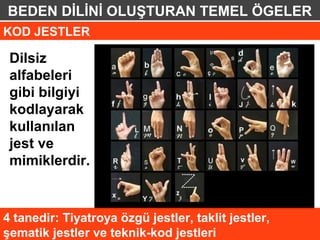 BEDEN DİLİNİ OLUŞTURAN TEMEL ÖGELER
KOD JESTLER

 Dilsiz
 alfabeleri
 gibi bilgiyi
 kodlayarak
 kullanılan
 jest ve
 mimiklerdir.


4 tanedir: Tiyatroya özgü jestler, taklit jestler,
şematik jestler ve teknik-kod jestleri
 