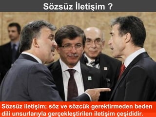 Sözsüz İletişim ?




Sözsüz iletişim; söz ve sözcük gerektirmeden beden
dili unsurlarıyla gerçekleştirilen iletişim çeşididir.
 