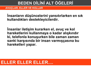 BEDEN DİLİNİ ALT ÖĞELERİ
 AVUÇLAR, ELLER VE KOLLAR


  İnsanların düşüncelerini yansıtırlarken en sık
  kullandıkları destekleyicilerdir.

  İnsanlar iletişim kurarken el, avuç ve kol
  hareketlerini kullanmaya o kadar alışkındır
  ki, telefonla konuşurken bile zaman zaman
  sanki karşısında bir insan varmışçasına bu
  hareketleri yapar.




ELLER ELLER ELLER....
 