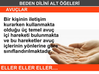 BEDEN DİLİNİ ALT ÖĞELERİ
 AVUÇLAR

 Bir kişinin iletişim
 kurarken kullanmakta
 olduğu üç temel avuç
 içi hareketi bulunmakta
 ve bu hareketler avuç
 içlerinin yönlerine göre
 sınıflandırılmaktadır.


ELLER ELLER ELLER....
 