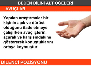 BEDEN DİLİNİ ALT ÖĞELERİ
 AVUÇLAR

Yapılan araştırmalar bir
kişinin açık ve dürüst
olduğunu ifade etmeye
çalışırken avuç içlerini
açarak ve karşısındakine
göstererek konuştuklarını
ortaya koymuştur.


DİLENCİ POZİSYONU
 