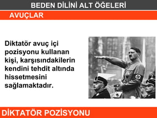 BEDEN DİLİNİ ALT ÖĞELERİ
 AVUÇLAR



Diktatör avuç içi
pozisyonu kullanan
kişi, karşısındakilerin
kendini tehdit altında
hissetmesini
sağlamaktadır.


DİKTATÖR POZİSYONU
 