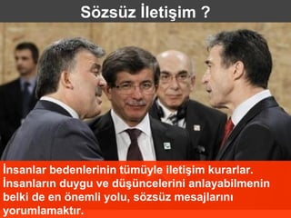Sözsüz İletişim ?




İnsanlar bedenlerinin tümüyle iletişim kurarlar.
İnsanların duygu ve düşüncelerini anlayabilmenin
belki de en önemli yolu, sözsüz mesajlarını
yorumlamaktır.
 