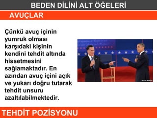 BEDEN DİLİNİ ALT ÖĞELERİ
 AVUÇLAR

Çünkü avuç içinin
yumruk olması
karşıdaki kişinin
kendini tehdit altında
hissetmesini
sağlamaktadır. En
azından avuç içini açık
ve yukarı doğru tutarak
tehdit unsuru
azaltılabilmektedir.

TEHDİT POZİSYONU
 