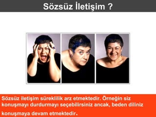 Sözsüz İletişim ?




Sözsüz iletişim süreklilik arz etmektedir. Örneğin siz
konuşmayı durdurmayı seçebilirsiniz ancak, beden diliniz
konuşmaya devam etmektedir.
 