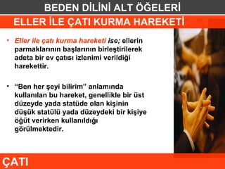BEDEN DİLİNİ ALT ÖĞELERİ
  ELLER İLE ÇATI KURMA HAREKETİ
• Eller ile çatı kurma hareketi ise; ellerin
  parmaklarının başlarının birleştirilerek
  adeta bir ev çatısı izlenimi verildiği
  harekettir.

• “Ben her şeyi bilirim” anlamında
  kullanılan bu hareket, genellikle bir üst
  düzeyde yada statüde olan kişinin
  düşük statülü yada düzeydeki bir kişiye
  öğüt verirken kullanıldığı
  görülmektedir.



ÇATI
 