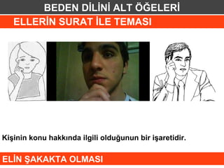 BEDEN DİLİNİ ALT ÖĞELERİ
   ELLERİN SURAT İLE TEMASI




Kişinin konu hakkında ilgili olduğunun bir işaretidir.

ELİN ŞAKAKTA OLMASI
 