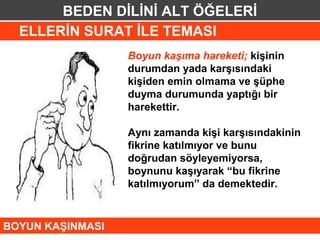 BEDEN DİLİNİ ALT ÖĞELERİ
  ELLERİN SURAT İLE TEMASI
                  Boyun kaşıma hareketi; kişinin
                  durumdan yada karşısındaki
                  kişiden emin olmama ve şüphe
                  duyma durumunda yaptığı bir
                  harekettir.

                  Aynı zamanda kişi karşısındakinin
                  fikrine katılmıyor ve bunu
                  doğrudan söyleyemiyorsa,
                  boynunu kaşıyarak “bu fikrine
                  katılmıyorum” da demektedir.


BOYUN KAŞINMASI
 