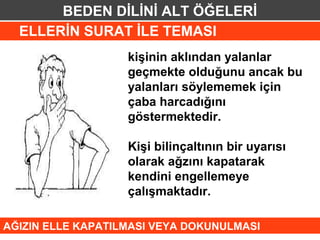 BEDEN DİLİNİ ALT ÖĞELERİ
  ELLERİN SURAT İLE TEMASI
                   kişinin aklından yalanlar
                   geçmekte olduğunu ancak bu
                   yalanları söylememek için
                   çaba harcadığını
                   göstermektedir.

                   Kişi bilinçaltının bir uyarısı
                   olarak ağzını kapatarak
                   kendini engellemeye
                   çalışmaktadır.

AĞIZIN ELLE KAPATILMASI VEYA DOKUNULMASI
 