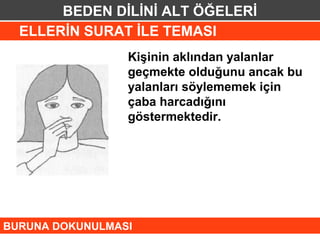 BEDEN DİLİNİ ALT ÖĞELERİ
  ELLERİN SURAT İLE TEMASI
                 Kişinin aklından yalanlar
                 geçmekte olduğunu ancak bu
                 yalanları söylememek için
                 çaba harcadığını
                 göstermektedir.




BURUNA DOKUNULMASI
 