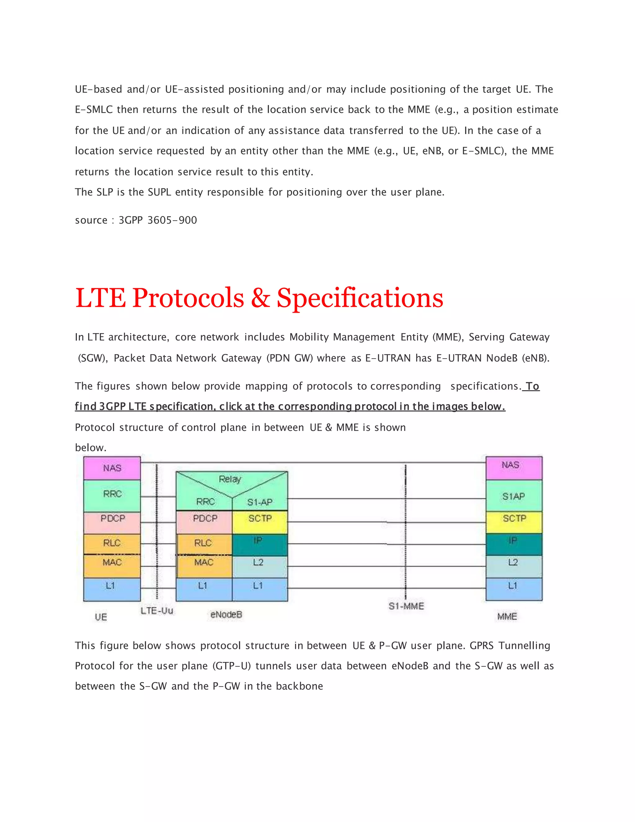 UE-based and/or UE-assisted positioning and/or may include positioning of the target UE. The
E-SMLC then returns the result of the location service back to the MME (e.g., a position estimate
for the UE and/or an indication of any assistance data transferred to the UE). In the case of a
location service requested by an entity other than the MME (e.g., UE, eNB, or E-SMLC), the MME
returns the location service result to this entity.
The SLP is the SUPL entity responsible for positioning over the user plane.
source : 3GPP 3605-900
LTE Protocols & Specifications
In LTE architecture, core network includes Mobility Management Entity (MME), Serving Gateway
(SGW), Packet Data Network Gateway (PDN GW) where as E-UTRAN has E-UTRAN NodeB (eNB).
The figures shown below provide mapping of protocols to corresponding specifications. To
find 3GPP LTE specification, click at the corresponding protocol in the images below.
Protocol structure of control plane in between UE & MME is shown
below.
This figure below shows protocol structure in between UE & P-GW user plane. GPRS Tunnelling
Protocol for the user plane (GTP-U) tunnels user data between eNodeB and the S-GW as well as
between the S-GW and the P-GW in the backbone
 