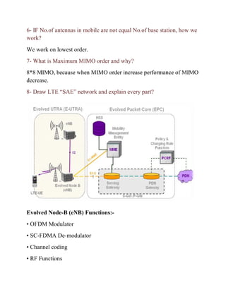 6- IF No.of antennas in mobile are not equal No.of base station, how we
work?
We work on lowest order.
7- What is Maximum MIMO order and why?
8*8 MIMO, because when MIMO order increase performance of MIMO
decrease.
8- Draw LTE “SAE” network and explain every part?
Evolved Node-B (eNB) Functions:-
• OFDM Modulator
• SC-FDMA De-modulator
• Channel coding
• RF Functions
 