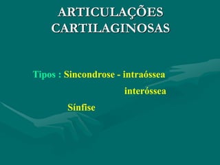 ARTICULAÇÕES
CARTILAGINOSAS
Tipos : Sincondrose - intraóssea
interóssea
Sínfise
 