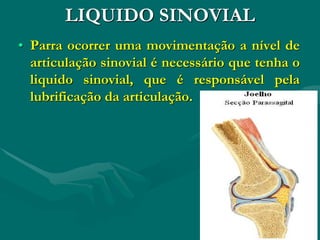 LIQUIDO SINOVIAL
• Parra ocorrer uma movimentação a nível de
articulação sinovial é necessário que tenha o
liquido sinovial, que é responsável pela
lubrificação da articulação.
 