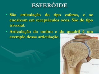 ESFERÓIDE
• São articulação do tipo esferas, e se
encaixam em receptáculos ocos. São do tipo
tri-axial.
• Articulação do ombro e do quadril é um
exemplo dessa articulação.
 