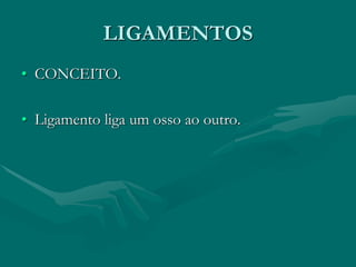 LIGAMENTOS
• CONCEITO.
• Ligamento liga um osso ao outro.
 