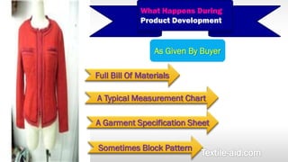 What Happens During 
Product Development 
As Given By Buyer 
Full Bill Of Materials 
A Typical Measurement Chart 
A Garment Specification Sheet 
Sometimes Block Pattern 
 