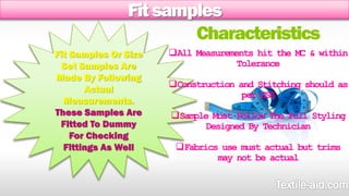 Fit samples 
Fit Samples Or Size 
Set Samples Are 
Made By Following 
Actual 
Measurements. 
These Samples Are 
Fitted To Dummy 
For Checking 
Fittings As Well 
Characteristics 
All Measurements hit the MC & within 
Tolerance 
Construction and Stitching should as 
per GSS 
Sample Must Follow The Full Styling 
Designed By Technician 
Fabrics use must actual but trims 
may not be actual 
 