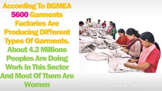 According To BGMEA 
5600 Garments 
Factories Are 
Producing Different 
Types Of Garments. 
About 4.2 Millions 
Peoples Are Doing 
Work In This Sector 
And Most Of Them Are 
Women 
 