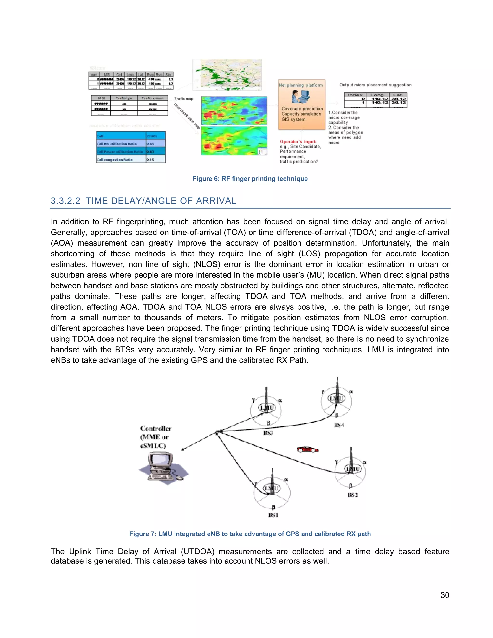 Figure 6: RF finger printing technique


3.3.2.2 TIME DELAY/ANGLE OF ARRIVAL

In addition to RF fingerprinting, much attention has been focused on signal time delay and angle of arrival.
Generally, approaches based on time-of-arrival (TOA) or time difference-of-arrival (TDOA) and angle-of-arrival
(AOA) measurement can greatly improve the accuracy of position determination. Unfortunately, the main
shortcoming of these methods is that they require line of sight (LOS) propagation for accurate location
estimates. However, non line of sight (NLOS) error is the dominant error in location estimation in urban or
suburban areas where people are more interested in the mobile user’s (MU) location. When direct signal paths
between handset and base stations are mostly obstructed by buildings and other structures, alternate, reflected
paths dominate. These paths are longer, affecting TDOA and TOA methods, and arrive from a different
direction, affecting AOA. TDOA and TOA NLOS errors are always positive, i.e. the path is longer, but range
from a small number to thousands of meters. To mitigate position estimates from NLOS error corruption,
different approaches have been proposed. The finger printing technique using TDOA is widely successful since
using TDOA does not require the signal transmission time from the handset, so there is no need to synchronize
handset with the BTSs very accurately. Very similar to RF finger printing techniques, LMU is integrated into
eNBs to take advantage of the existing GPS and the calibrated RX Path.




                     Figure 7: LMU integrated eNB to take advantage of GPS and calibrated RX path

The Uplink Time Delay of Arrival (UTDOA) measurements are collected and a time delay based feature
database is generated. This database takes into account NLOS errors as well.



                                                                                                            30
 