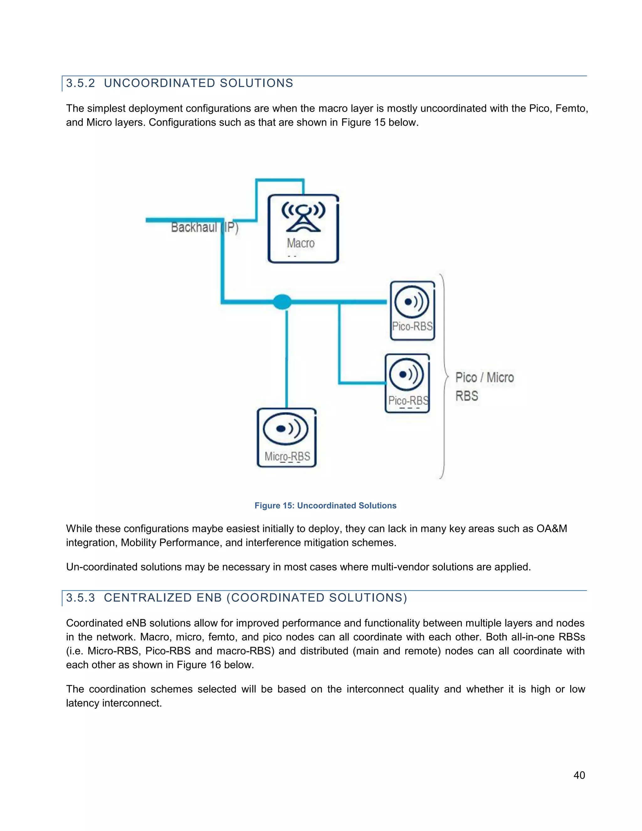 3.5.2 UNCOORDINATED SOLUTIONS

The simplest deployment configurations are when the macro layer is mostly uncoordinated with the Pico, Femto,
and Micro layers. Configurations such as that are shown in Figure 15 below.




                                       Figure 15: Uncoordinated Solutions

While these configurations maybe easiest initially to deploy, they can lack in many key areas such as OA&M
integration, Mobility Performance, and interference mitigation schemes.

Un-coordinated solutions may be necessary in most cases where multi-vendor solutions are applied.

3.5.3 CENTRALIZED ENB (COORDINATED SOLUTIONS)

Coordinated eNB solutions allow for improved performance and functionality between multiple layers and nodes
in the network. Macro, micro, femto, and pico nodes can all coordinate with each other. Both all-in-one RBSs
(i.e. Micro-RBS, Pico-RBS and macro-RBS) and distributed (main and remote) nodes can all coordinate with
each other as shown in Figure 16 below.

The coordination schemes selected will be based on the interconnect quality and whether it is high or low
latency interconnect.




                                                                                                             40
 