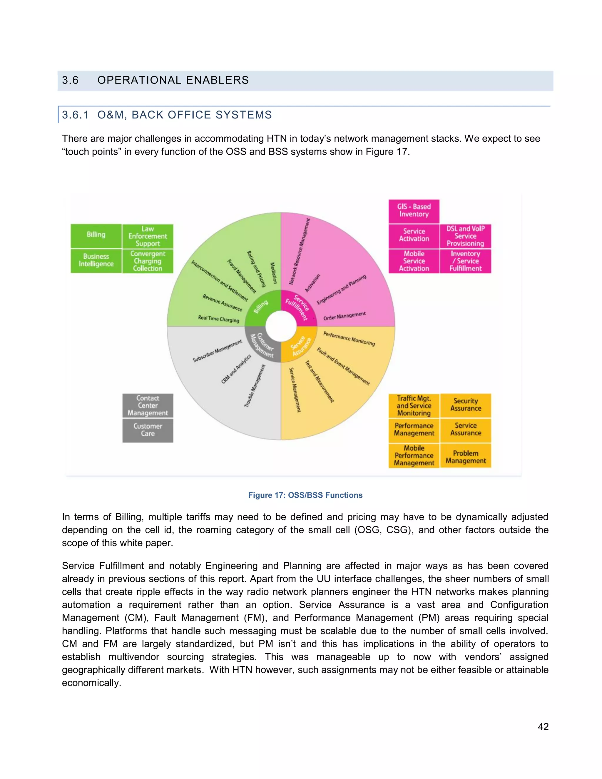 3.6     OPERATIONAL ENABLERS


3.6.1 O&M, BACK OFFICE SYSTEMS

There are major challenges in accommodating HTN in today’s network management stacks. We expect to see
“touch points” in every function of the OSS and BSS systems show in Figure 17.




                                          Figure 17: OSS/BSS Functions

In terms of Billing, multiple tariffs may need to be defined and pricing may have to be dynamically adjusted
depending on the cell id, the roaming category of the small cell (OSG, CSG), and other factors outside the
scope of this white paper.

Service Fulfillment and notably Engineering and Planning are affected in major ways as has been covered
already in previous sections of this report. Apart from the UU interface challenges, the sheer numbers of small
cells that create ripple effects in the way radio network planners engineer the HTN networks makes planning
automation a requirement rather than an option. Service Assurance is a vast area and Configuration
Management (CM), Fault Management (FM), and Performance Management (PM) areas requiring special
handling. Platforms that handle such messaging must be scalable due to the number of small cells involved.
CM and FM are largely standardized, but PM isn’t and this has implications in the ability of operators to
establish multivendor sourcing strategies. This was manageable up to now with vendors’ assigned
geographically different markets. With HTN however, such assignments may not be either feasible or attainable
economically.



                                                                                                            42
 