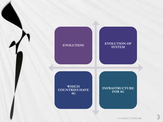 EVOLUTION OF
  EVOLUTION
                     SYSTEM




    WHICH
                 INFRASTRUCTURE
COUNTRIES HAVE
                      FOR 4G
     4G
 