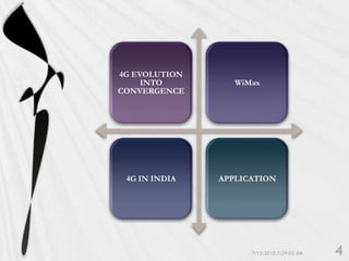 4G EVOLUTION
     INTO         WiMax
CONVERGENCE




 4G IN INDIA   APPLICATION
 