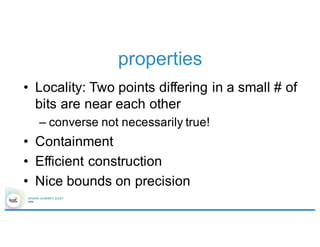 properties
• Locality: Two points differing in a small # of
bits are near each other
– converse not necessarily true!
• Containment
• Efficient construction
• Nice bounds on precision
 
