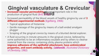 JensMartensson
15
Gingival vasculature & Crevicular
fluid
• Increased vascular permeability plays an important role in the
production of gingival fluid (Brill, 1959)
• Increased permeability of the blood vessels of healthy gingiva by use of 3
different experimental methods (Egelberg, 1966):
• Topical application of histamine
• Gentle massage of the gingiva by means of a ball-ended amalgam
plugger
• Scraping of the gingival crevice by means of a blunted dental explorer.
• A fluid occurring in minute amounts in the gingival crevice, believed by
some authorities to be an inflammatory exudate and by others to cleanse
material from the crevice, containing sticky plasma proteins which
improve adhesions of the epithelial attachment, have antimicrobial
properties, and exert antibody activity. (Jablonski, Illustrated Dictionary
of Dentistry, 1982)
 