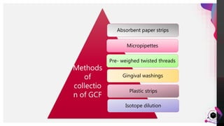 JensMartensson
17
Absorbent paper strips
Micropipettes
Gingival washings
Plastic strips
Isotope dilution
Pre- weighed twisted threads
Methods
of
collectio
n of GCF
 