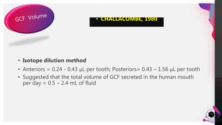 JensMartensson
23
• CHALLACOMBE, 1980
• Isotope dilution method
• Anteriors = 0.24 - 0.43 μL per tooth; Posteriors= 0.43 – 1.56 μL per tooth
• Suggested that the total volume of GCF secreted in the human mouth
per day = 0.5 – 2.4 mL of fluid
 