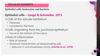 JensMartensson
30
Epithelial cells – Lange & Schroeder, 1971
Cells of the sulcular epithelium
• Flattened
• Cytoplasmic filaments
Cells originating from the junctional epithelium
• Found at the bottom of the sulcus
Role of inflammation
• Rate of renewal
• Structural characteristics of desquamating cells
• Reduction in acid phosphatase activity (Cornaz et al., 1974)
Epithelial cells, leukocytes and bacteria
• CELLULAR ELEMENTS
 