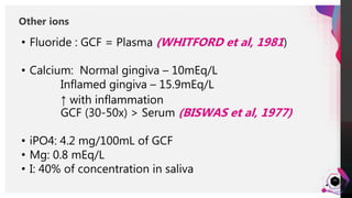 JensMartensson
Other ions
33
• Fluoride : GCF = Plasma (WHITFORD et al, 1981)
• Calcium: Normal gingiva – 10mEq/L
Inflamed gingiva – 15.9mEq/L
↑ with inflammation
GCF (30-50x) > Serum (BISWAS et al, 1977)
• iPO4: 4.2 mg/100mL of GCF
• Mg: 0.8 mEq/L
• I: 40% of concentration in saliva
 