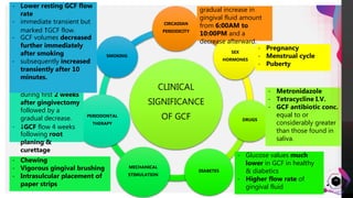 JensMartensson
39
CLINICAL
SIGNIFICANCE
OF GCF
CIRCADIAN
PERIODICITY
SEX
HORMONES
DRUGS
DIABETES
MECHANICAL
STIMULATION
PERIODONTAL
THERAPY
SMOKING
gradual increase in
gingival fluid amount
from 6:00AM to
10:00PM and a
decrease afterward.
- Pregnancy
- Menstrual cycle
- Puberty
- Metronidazole
- Tetracycline I.V.
- GCF antibiotic conc.
equal to or
considerably greater
than those found in
saliva.
- Glucose values much
lower in GCF in healthy
& diabetics
- Higher flow rate of
gingival fluid
- Chewing
- Vigorous gingival brushing
- Intrasulcular placement of
paper strips
- ↑GCF production
during healing
period after
periodontal
surgery
- ↑gingival fluid flow
during first 2 weeks
after gingivectomy
followed by a
gradual decrease.
- ↓GCF flow 4 weeks
following root
planing &
curettage
- Lower resting GCF flow
rate
- immediate transient but
marked ↑GCF flow.
- GCF volumes decreased
further immediately
after smoking
- subsequently increased
transiently after 10
minutes.
 
