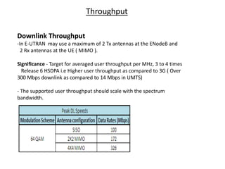 Throughput
Downlink Throughput
-In E-UTRAN may use a maximum of 2 Tx antennas at the ENodeB and
2 Rx antennas at the UE ( MIMO ).
Significance - Target for averaged user throughput per MHz, 3 to 4 times
Release 6 HSDPA i.e Higher user throughput as compared to 3G ( Over
300 Mbps downlink as compared to 14 Mbps in UMTS)
- The supported user throughput should scale with the spectrum
bandwidth.
 