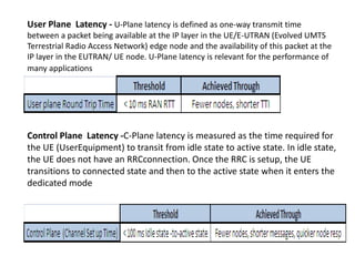 User Plane Latency - U-Plane latency is defined as one-way transmit time
between a packet being available at the IP layer in the UE/E-UTRAN (Evolved UMTS
Terrestrial Radio Access Network) edge node and the availability of this packet at the
IP layer in the EUTRAN/ UE node. U-Plane latency is relevant for the performance of
many applications
Control Plane Latency -C-Plane latency is measured as the time required for
the UE (UserEquipment) to transit from idle state to active state. In idle state,
the UE does not have an RRCconnection. Once the RRC is setup, the UE
transitions to connected state and then to the active state when it enters the
dedicated mode
 
