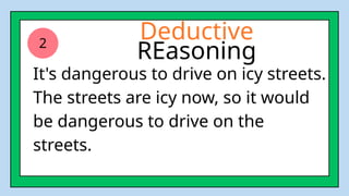 2
It's dangerous to drive on icy streets.
The streets are icy now, so it would
be dangerous to drive on the
streets.
Deductive
REasoning
 