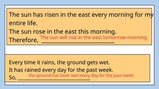 The sun has risen in the east every morning for my
entire life.
The sun rose in the east this morning.
Therefore, ___________________________
The sun will rise in the east tomorrow morning.
Every time it rains, the ground gets wet.
It has rained every day for the past week.
So, ______________________________
the ground has been wet every day for the past week.
 
