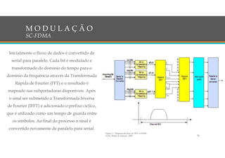 Inicialmente o fluxo de dados é convertido de
serial para paralelo. Cada bit é modulado e
transformado do domínio do tempo para o
domínio da frequência através da Transformada
Rápida de Fourier (FFT) e o resultado é
mapeado nas subportadoras disponíveis. Após
o sinal ser submetido a Transformada Inversa
de Fourier (IFFT) é adicionado o prefixo cíclico,
que é utilizado como um tempo de guarda entre
os símbolos. Ao final do processo o sinal é
convertido novamente de paralelo para serial.
M O D U L A Ç Ã O
SC-FDMA
34
Figura 11: Diagrama de bloco do DFT-s-OFDM
Fonte: Rohde & Schwarz, 2009.
 