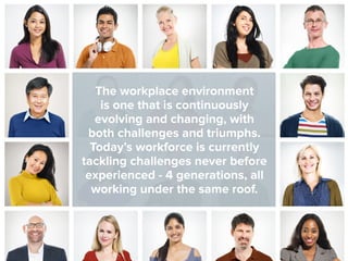 The workplace environment
is one that is continuously
evolving and changing, with
both challenges and triumphs.
Today’s workforce is currently
tackling challenges never before
experienced - 4 generations, all
working under the same roof.
 
