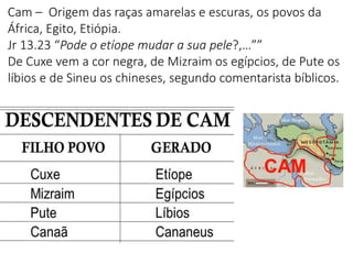 Cam – Origem das raças amarelas e escuras, os povos da
África, Egito, Etiópia.
Jr 13.23 “Pode o etíope mudar a sua pele?,…””
De Cuxe vem a cor negra, de Mizraim os egípcios, de Pute os
líbios e de Sineu os chineses, segundo comentarista bíblicos.
 