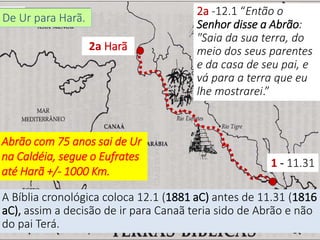 1 - 11.31
2a Harã
Abrão com 75 anos sai de Ur
na Caldéia, segue o Eufrates
até Harã +/- 1000 Km.
De Ur para Harã.
2a -12.1 “Então o
Senhor disse a Abrão:
"Saia da sua terra, do
meio dos seus parentes
e da casa de seu pai, e
vá para a terra que eu
lhe mostrarei.”
A Bíblia cronológica coloca 12.1 (1881 aC) antes de 11.31 (1816
aC), assim a decisão de ir para Canaã teria sido de Abrão e não
do pai Terá.
 