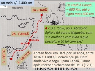 2a - HARÃ
SIQUÉM
BETEL
De Harã à Canaã
– 600 Km, até o
Egito mais 600 Km
Abraão ficou em Harã por 28 anos, entre
1816 e 1788 aC, deixou seu pai Harã
ainda vivo e seguiu para Canaã, 5 anos
após receber o chamado de Deus (12.1).
2b - CANAÃ
3-EGITOAo todo +/- 2.400 Km
4 -13.1 “Saiu, pois, Abrão do
Egito e foi para o Neguebe, com
sua mulher e com tudo o que
possuía, e Ló foi com ele.”
 